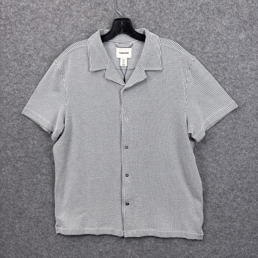 Thom Aaron Mens Large Seersucker Striped Camp Collar Short Sleeve Shirt Navy NEW